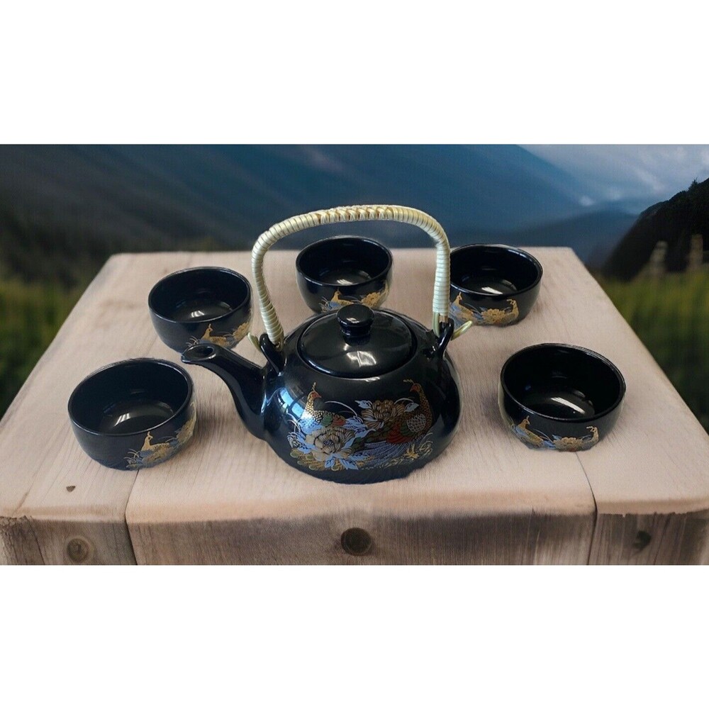 Tea Set Vintage Japanese Teapot 5 Cups Black Floral Pheasant Design Ceramic